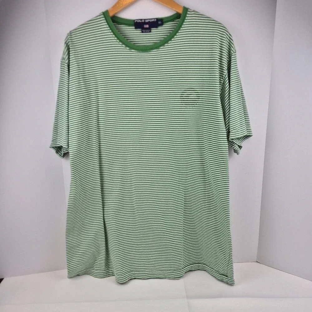 Polo Sport Ralph Lauren Men's XL Green Stripe Tee Vtg 90s‎ USA Flag Faded Logo